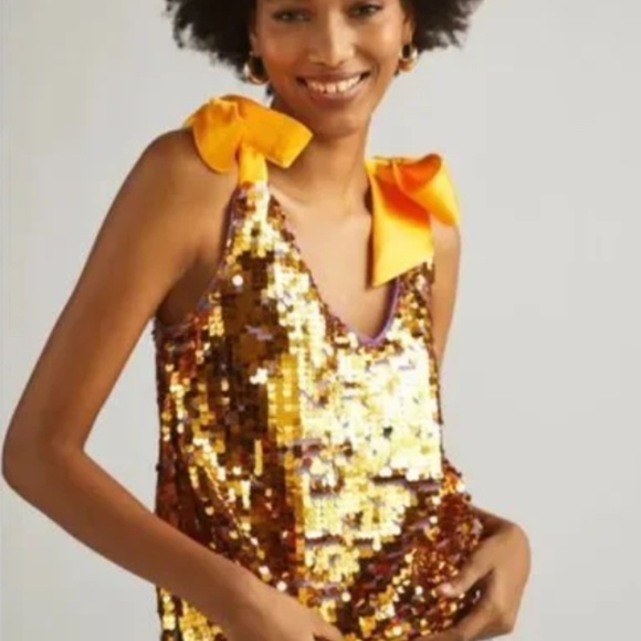 ANTHROPOLOGIE Maeve Gold Sequined Tie-Strap Tank LARGE, never worn - Picture 3 of 7